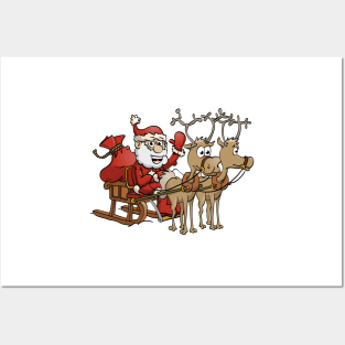 Santa Claus sitting in his sledge with two reindeers. Posters and Art